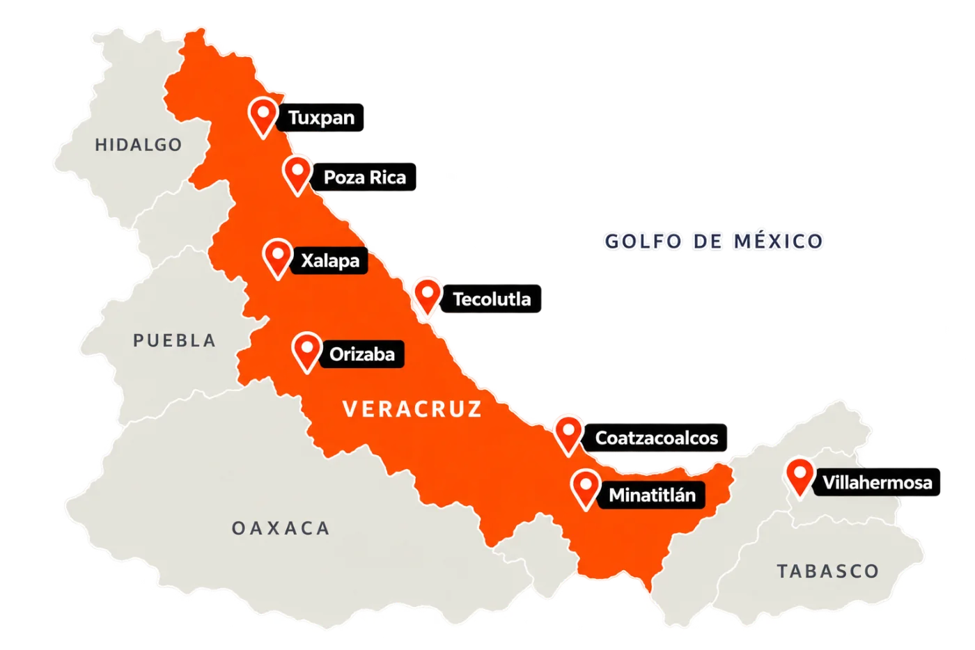 Mapa de cobertura: Tuxpan, Poza Rica, Xalapa, Tecolutla, Orizaba, Coatzacoalcos, Minatitlán y Villahermosa